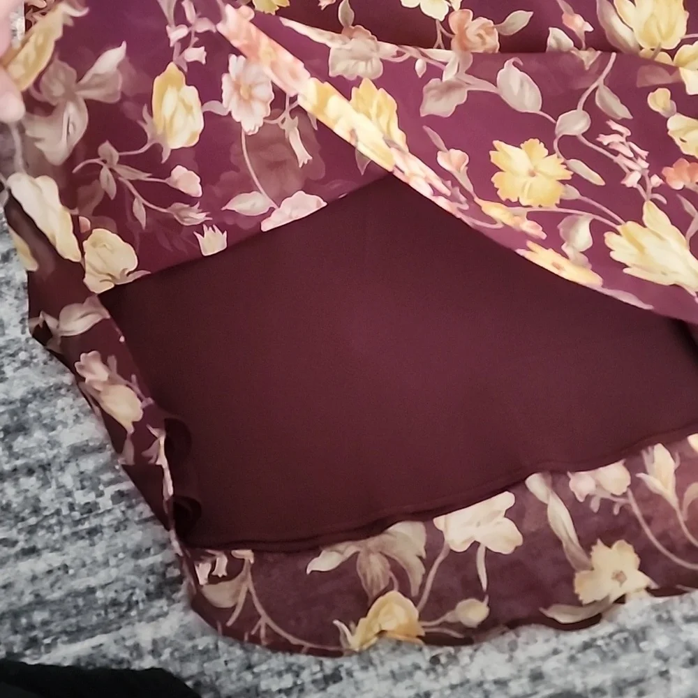 Vintage Maroon Floral Rose Maxi Skirt Side Button Sheer Overlay Boho Grunge